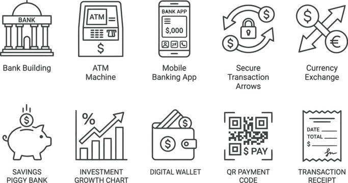A collection of ten thin line icons representing various banking and financial services