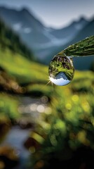 A sharp water droplet clings to a blade of grass, reflecting an inverted mountain landscape against a blurred green and blue background.