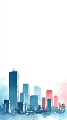 Obraz premium A watercolor painting of a city skyline with various tall buildings in blue and red tones against a white background.