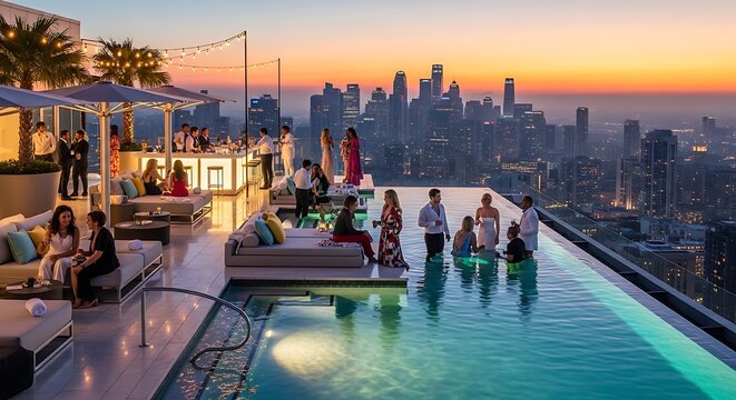 People enjoying a luxurious rooftop pool party with city skyline views at modern upscale hotel or resort during evening.