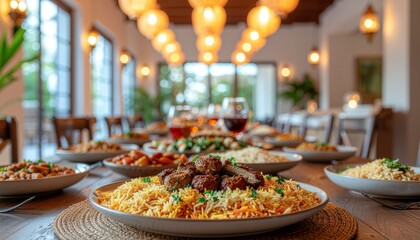 Fototapeta premium Traditional Islamic Eid Mubarak Food Spread with Festive Halal Dishes and Celebration Decor