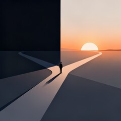 Concept illustration of a person standing at a crossroads between a dark uncertain road and a bright path leading to the sunrise, symbolizing life choices, uncertainty and hope for the future