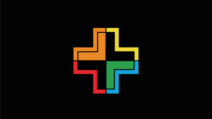 Obraz premium Colorful geometric plus sign icon with four abstract L-shaped segments on a black background, representing connection, addition, and growth.