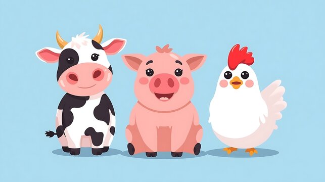 Set of cute cartoon farm animals cow pig and chicken