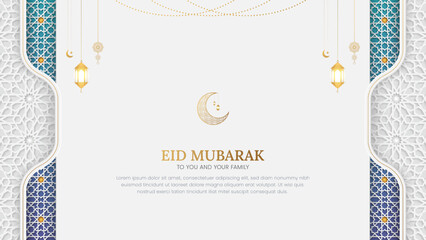 Elegant Eid Mubarak greeting card with golden lanterns crescent islamic geometric background design template © Minhas Attari