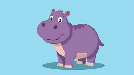 Fototapeta premium Playful purple hippo cartoon character standing on bright blue background