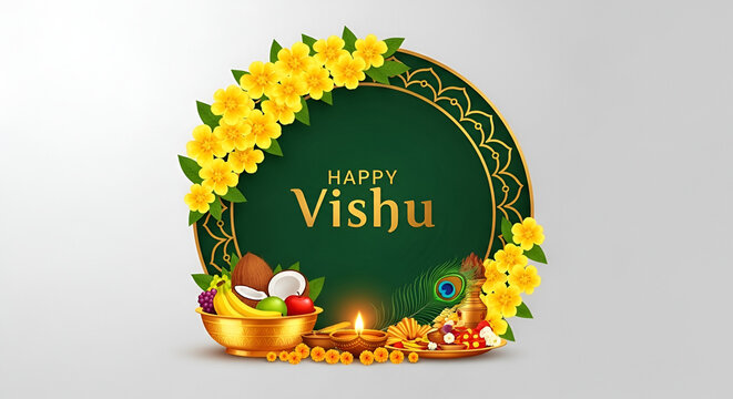 Traditional kerala vishu festival greeting design with kanikonna flowers sacred lamp fruits coconut peacock feather and happy vishu celebration background