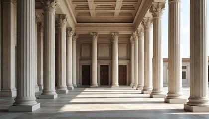 Naklejka premium grand columns inside a spacious hall. The columns create a striking pattern of light and shadow within the architectural space of the hall.