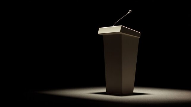 A smooth modern podium with a microphone in the spotlight on a dark stage. Architectural combinations designed specifically for real estate listings and luxury residential displays.