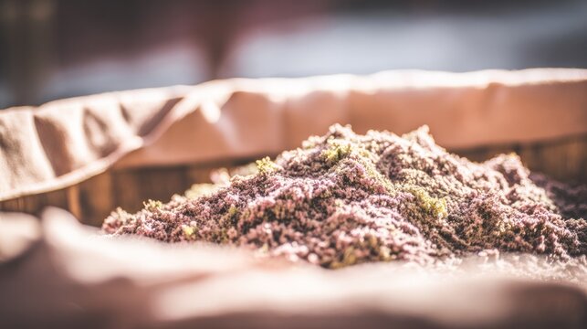 Under the gentle sunlight, a pile of pressed grape pomace was placed in a wooden basket. Packaging model, designed specifically for food delivery and cloud kitchen brand materials, for software engine