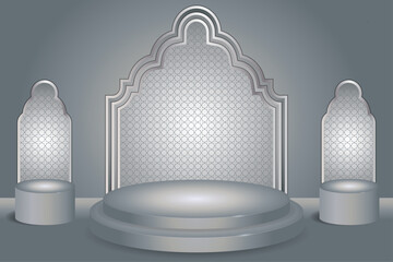 3d stage with central podium and side pedestals with Islamic arches for luxury product display.