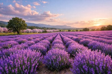 Obraz premium Lavender field in full bloom at sunset with mountains trees and pink sky creating peaceful scenic summer landscape