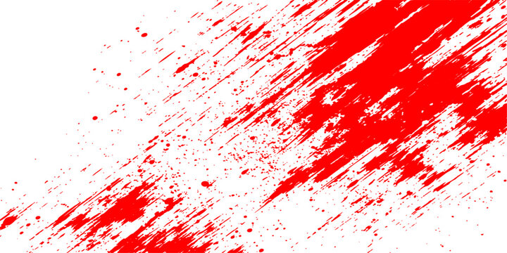 A red grunge abstract background features a vibrant paint splash and ink splatter texture with artistic blood stains and spray patterns in a vector illustration design