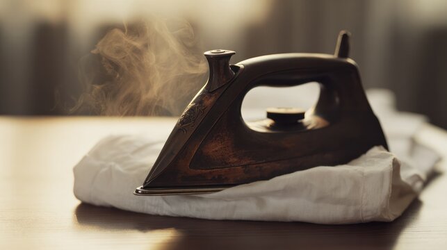 A vintage iron on a folded white shirt with rising steam in warm nostalgic light. lifestyle magazines, social media lookbooks, designed for influencer and brand collaborations.