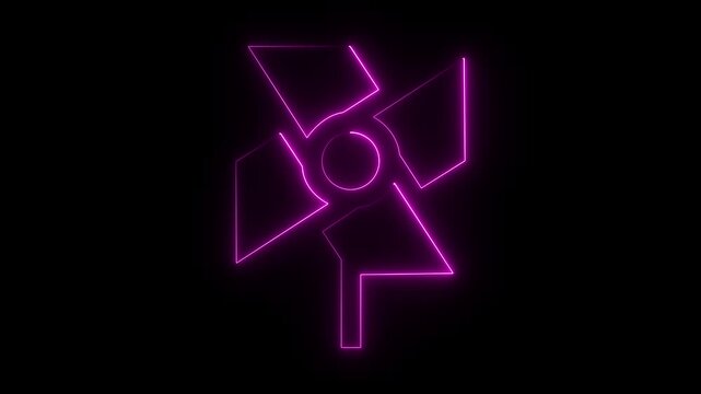 Neon Pinwheel Icon Abstract Design on Black Background wind motion. Violet  color animation video on black background.