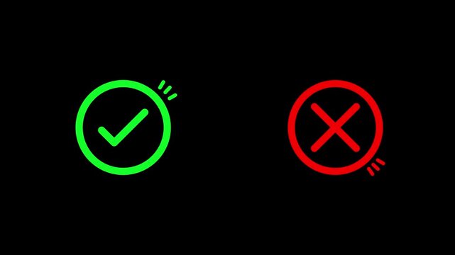 Pop up green check mark and red cross icon symbol on black background. Check box with right and wrong buttons and yes or no