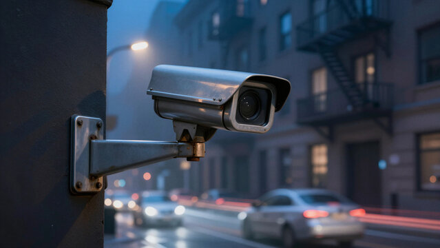 A security camera mounted on a pole overlooks a city street at night with blurred background of moving cars and buildings.