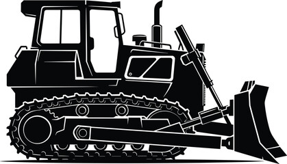 Black and white bulldozer silhouette illustration of heavy construction machinery on tracks isolated on white background for industrial design and  © MSTMUNMUN