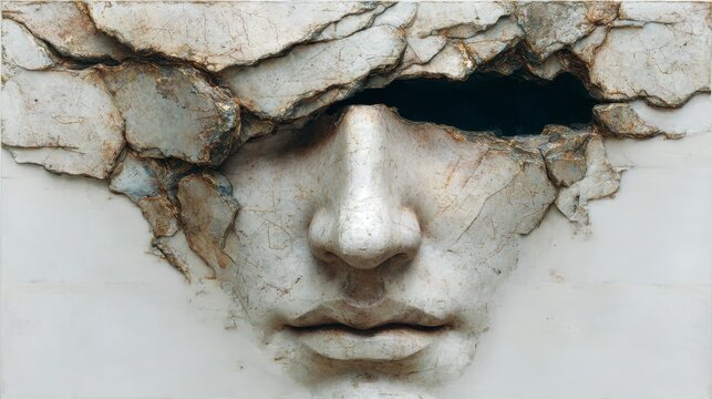 Surreal sculpture of a human face emerging from a cracked stone wall. The upper face is obscured by rough rock fragments, creating a conceptual blend of anatomy and mineral textures.