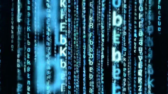 Blue binary code matrix background with random characters and numbers.