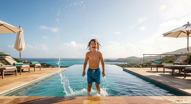 Happy young boy playing and splashing water in infinity pool on a sunny day with beautiful ocean view
