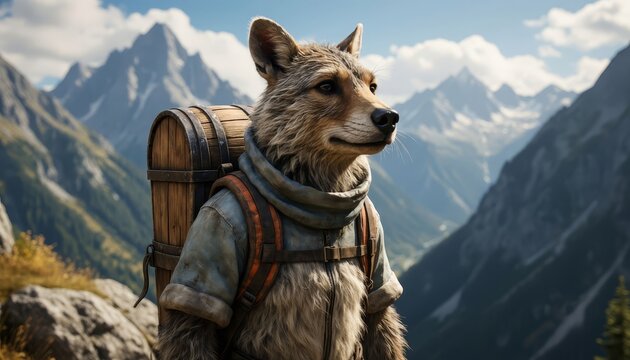 A man-like figure resembling a wolf stands proudly against a mountain backdrop. The wolf figure, equipped with a backpack, appears ready for adventure in nature.