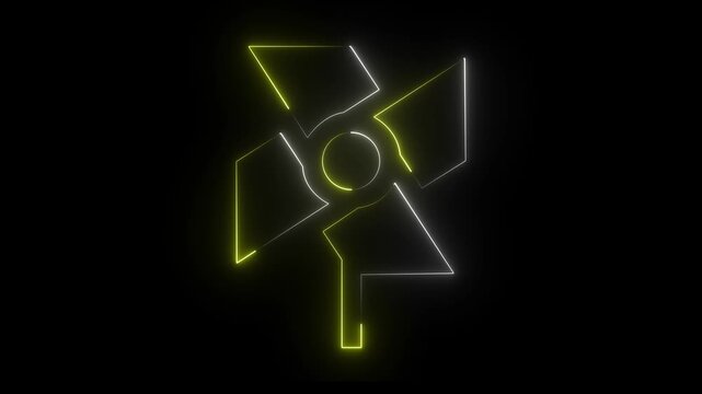 Neon Pinwheel Icon Abstract Design on Black Background wind motion. Yellow and white color animation video on black background.