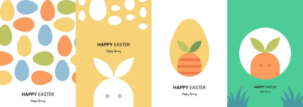 Modern geometric Easter illustration set with abstract patterns, colorful eggs and bunny characters trendy vector templates for posters, covers and postcards