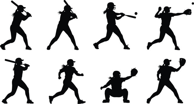 Black softball player silhouettes set, female baseball players hitting batting throwing and catching poses, sports icons isolated on white background