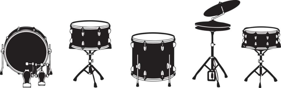 Black silhouette collection of five drum types on a white background, minimal outline