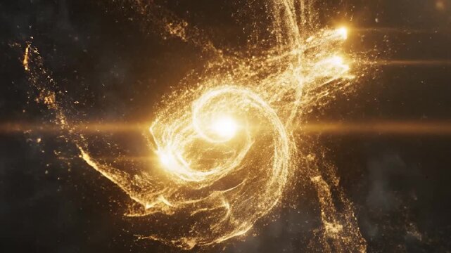 Golden particles swirl and glow dynamically in a dark abstract background