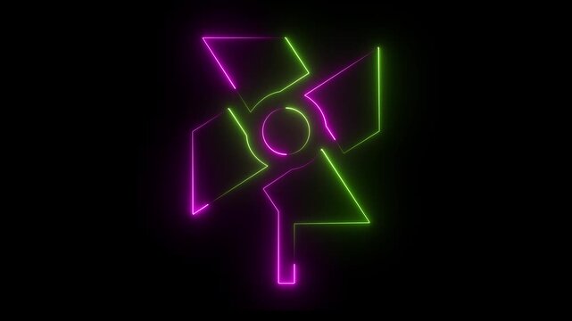 Neon Pinwheel Icon Abstract Design on Black Background wind motion. Violet and green  color animation video on black background.