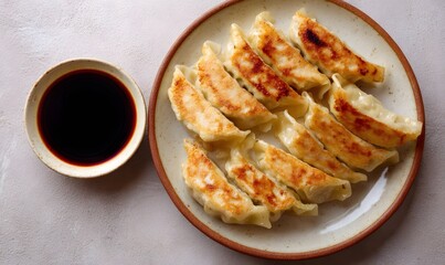 Top-down view of a plate of freshly cooked Japanese gyoza, golden brown and crispy on the bottom