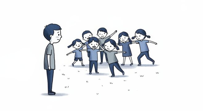 Boy standing alone while a group of kids point at him. Bullying and social exclusion concept. Illustration for children book.