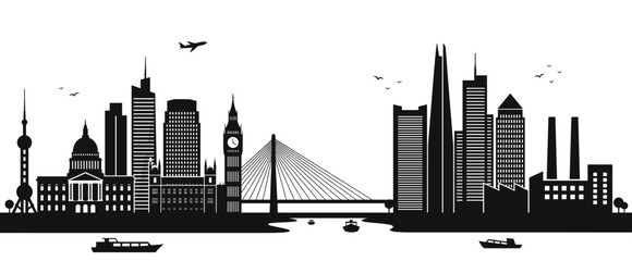 Fototapeta premium Urban Metropolis Skyline Vector Silhouette Blending International City Landmarks and Uttarakhand Concepts with River Bridge and Factory Buildings for Architecture Tourism Design