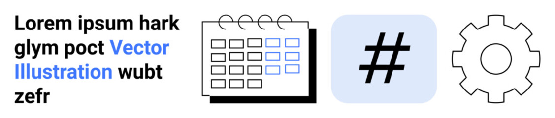Obraz premium Calendar symbol, metadata tag icon in blue background, and gear icon for planning, social trends, and functionality. Ideal for productivity, social media, technology, development innovation process