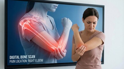 Digitale Illustration einer Frau mit sichtbarer Knochenstruktur im Arm. Poröse Knochen zeigen Osteoporose, Gelenkveränderungen Arthrose. Rötliche Bereiche symbolisieren Schmerzen und Entzündung im Arm