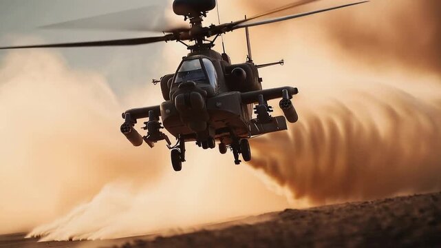 An Apache helicopter hovers just above the arid desert landscape kicking up clouds of sand and rotor wash in a breathtaking display of military aviation power and agility.