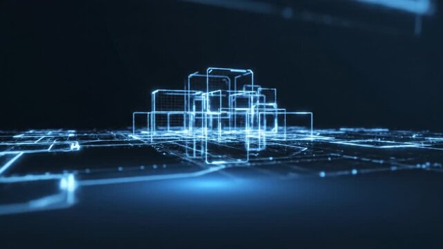 Glowing blue wireframe cube structure floating above digital grid with neon lines and futuristic depth abstract technology scene evoking innovation and connectivity digital glowing network of blue