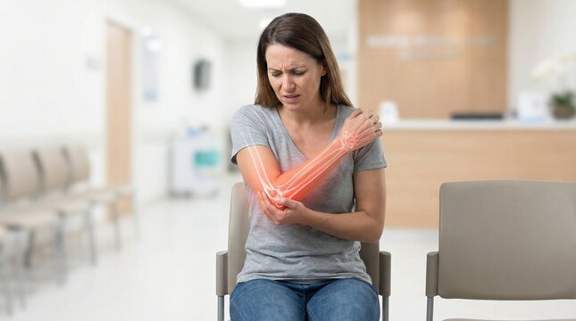 Digitale Illustration einer Frau mit sichtbarer Knochenstruktur im Arm. Por&ouml;se Knochen zeigen Osteoporose, Gelenkver&auml;nderungen Arthrose. R&ouml;tliche Bereiche symbolisieren Schmerzen und Entz&uuml;ndung im Arm