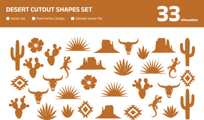 Desert cutout shapes set with cactus lizard and bull skull silhouettes © Joy