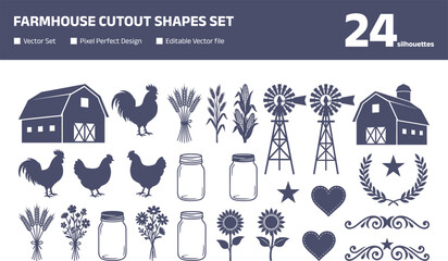 Farmhouse cutout shapes set with barn rooster and windmill silhouettes © Joy