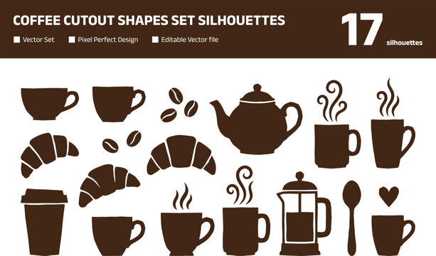 Coffee cutout shapes set with espresso cup and French press silhouettes
