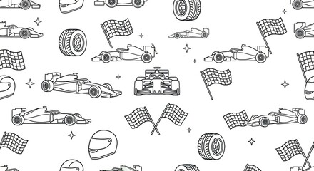 Naklejka premium Minimalist seamless pattern of formula racing elements in black and white line art
