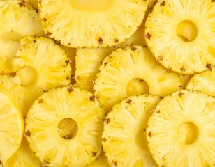 Texture composed of sliced pineapple arranged in a regular and harmonious pattern, viewed from above.