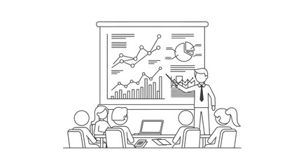 Obraz premium Speaker pointing at charts during a professional business presentation outlining financial growth metrics to an attentive seated audience in a meeting room setting.