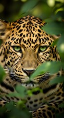 Fototapeta premium A close-up of a wild cat's face surrounded by green leaves