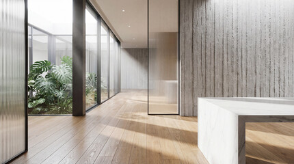 Obraz premium Minimalist architectural interior featuring fluted glass panels, raw concrete textures, and a marble reception desk, embodying the Quiet Luxury of a modern 2026 corporate headquarters.