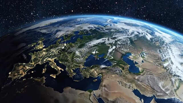 High-resolution image of Earth from space showing the curvature of the planet with a stunning view of Europe, Africa, and Asia against a starry night sky.