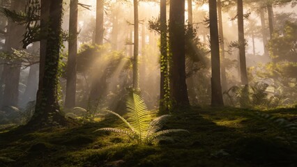 Obraz premium Mystical sunbeams pierce through ancient forest canopy illuminating mossy ground and vibrant ferns in serene woodland atmosphere,atmosphere,atmosphere,atmosphere,atmosphere